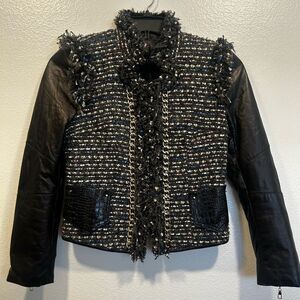 Chic Black Tweed Jacket with Leather Sleeves size 2